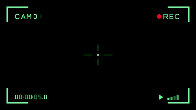 Digital camera viewfinder overlay featuring green recording indicators, tracking crosshair, and timecode on black video footage