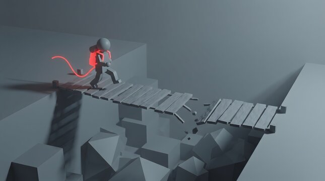 A character with glowing red accents crosses a precarious wooden bridge over a chasm. The character appears to be a small figurine with a backpack and a trail of light behind it.