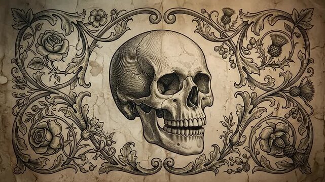 Vintage engraving skull with glowing eyes on aged parchment background