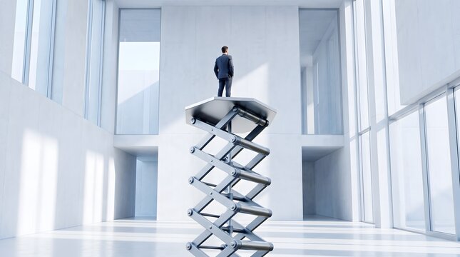 A lone businessman stands atop a scissor lift, gazing out from a high vantage point within a modern, minimalist building with large windows