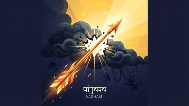 Symbolic Arrow Piercing Dark Clouds Toward Radiant Golden Light, Vijaya Dashami and Dussehra Festival, Victory of Good Over Evil, Hindu Celebration, Minimalist Spiritual Concept Illustration
