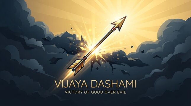 Symbolic Arrow Breaking Through Dark Clouds Toward a Radiant Golden Light, Vijaya Dashami Festival, Triumph of Good Over Evil, Dussehra Celebration, Minimalist Spiritual Illustration