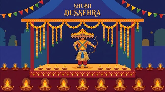 Traditional Dussehra Festival Stage with Ravana Effigy and Glowing Oil Lamps, Vijaya Dashami Hindu Celebration, Indian Cultural Heritage, Minimalist Flat Vector Illustration