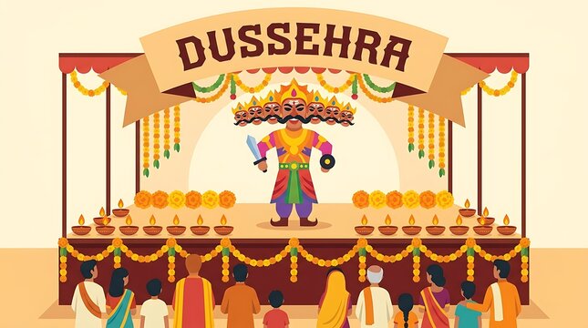 Traditional Dussehra stage with a symbolic Ravana effigy and glowing lamps, minimal text, flat vector illustration