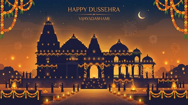Traditional Indian Temple Silhouette Adorned with Glowing Diyas and Marigold Garlands, Hindu Festival Decoration, Vijaya Dashami Celebration, Warm Minimalist Flat Vector Illustration