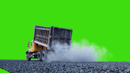 Heavy Construction Dump Truck Slowly Driving and Unloading Gravel with Raised Bed and Animated Dust on Green Screen. 3d rendering © 3D motion