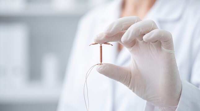 Copper IUD contraceptive device held by doctor in medical glove, intrauterine birth control coil for family planning, T-shaped copper spiral contraceptive
