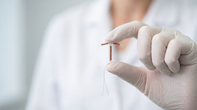 Copper IUD contraceptive device held by medical professional, intrauterine birth control in gloved hand, reproductive healthcare and family planning