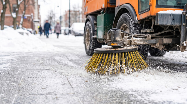 Large industrial machine with a rotating yellow brush removes slush and snow from a frozen urban pavement surface during the daytime 