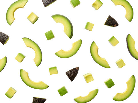 Pattern of fresh avocado slices and small cubes as isolated on with as isolated on transparent background