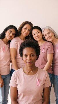 Breast cancer awareness day posters: portrait of five diverse women in pink t-shirts