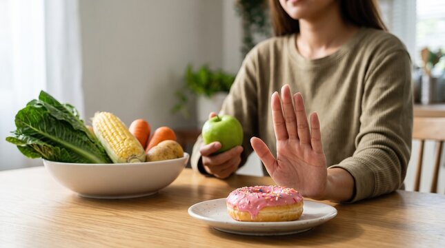 Healthy eating habits, young woman refusing sugary pink donut with hand gesture, choosing fresh green apple and organic vegetables for weight loss