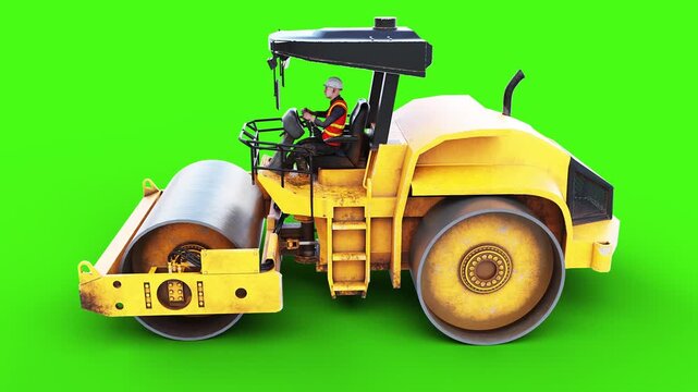 Heavy Road Construction Roller Slowly Driving on Green Screen, Animated Rollers and Roadwork Machinery.