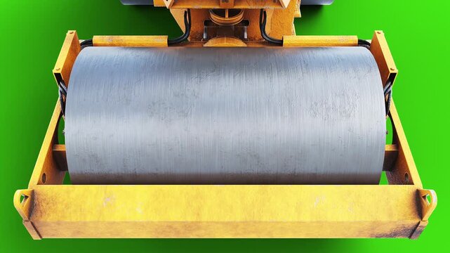 Heavy Road Construction Roller Slowly Driving on Green Screen, Animated Rollers and Roadwork Machinery.