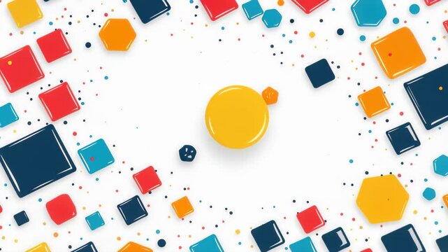 Abstract Geometric Shapes in a Vibrant Pattern: A dynamic composition featuring a central yellow circle surrounded by an array of colorful geometric shapes like squares and hexagons.