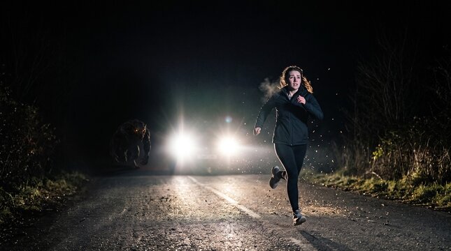 Terrified Woman Flees Monster Chasing Her Down Dark Road With Car Headlights Illuminating The Scene focus on halloween