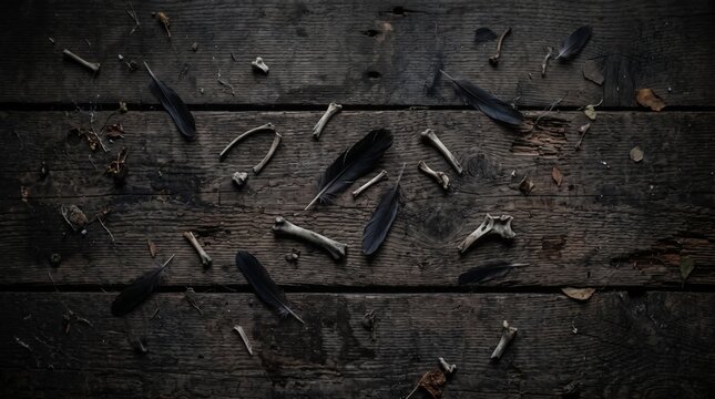 Dark Rustic Wooden Surface Scattered with Bird Feathers and Small Animal Bones and Dried Leaves focus on halloween