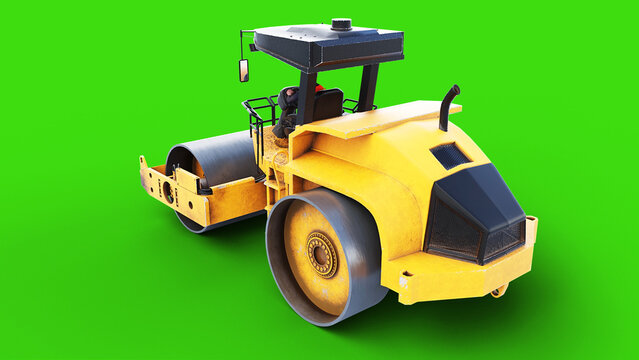 Heavy Road Construction Roller Slowly Driving on Green Screen, Animated Rollers and Roadwork Machinery. 3 rendering