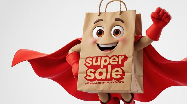 Cute cartoon superhero mascot character flies with brown paper shopping bag. Red cape flows in air as character brings big super sale discounts. Fun 3D mascot offers special deals, promotions for
