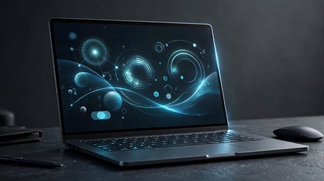 Setup noturno com notebook exibindo interface escura elegante, ilumina&ccedil;&atilde;o dram&aacute;tica com rim light
