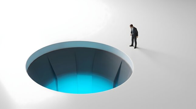 A man in a suit stands at the edge of a large, glowing circular pit, looking down with a concerned expression