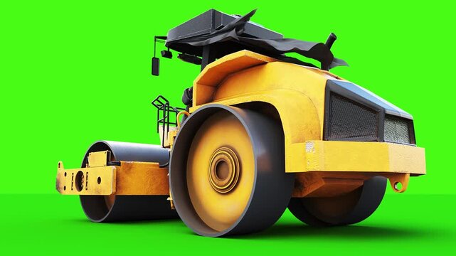 Road Construction Roller Racing at Extreme Speed on Green Screen, Blowing Fabric and Animated Rollers.