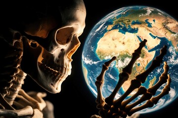Fototapeta premium Human skeleton holds glowing earth globe in dark space. Death symbol represents climate change, environmental crisis. Dead bones reach toward planet to show global warming, extinction, end of world.