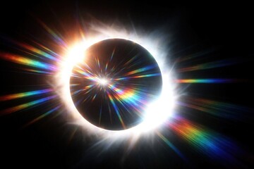 Fototapeta premium Solar eclipse with bright white corona, colorful light flares. Rainbow spectrum rays burst from dark moon during cosmic event. Chromatic aberration effect creates cinematic lens flare on black space