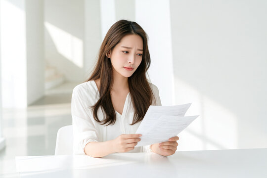 書類を確認しながら不安そうな表情を見せる女性
