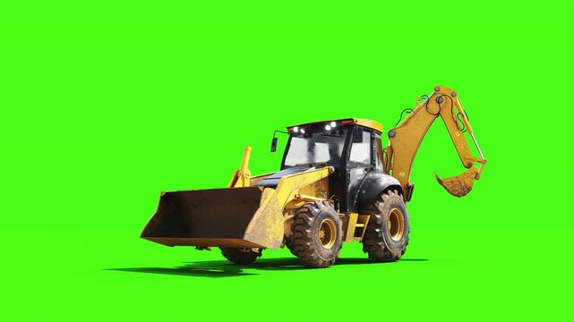Small Wheeled Backhoe Loader Tractor with Front and Rear Buckets Driving on Green Screen, Animated Construction Machinery.