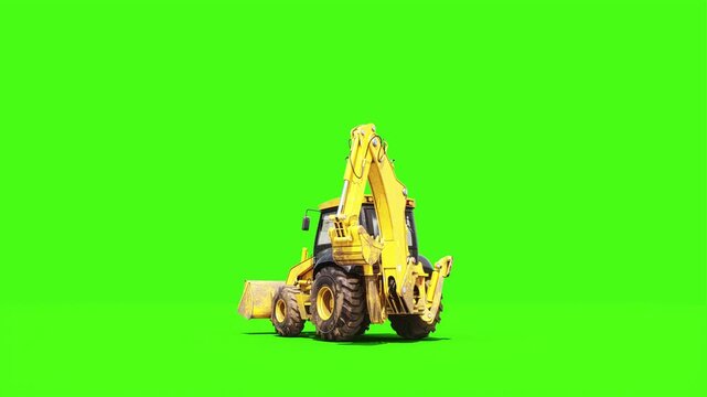 Small Wheeled Backhoe Loader Tractor with Front and Rear Buckets Driving on Green Screen, Animated Construction Machinery.
