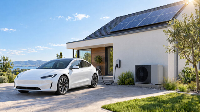 Electric car charging at home wallbox beside modern house with rooftop solar panels and air source heat pump