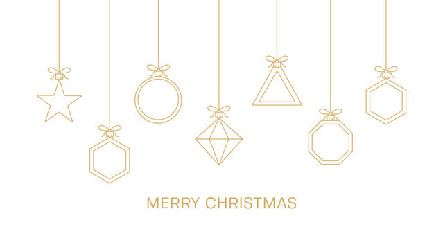 Golden minimalist Christmas ornaments hanging line art vector. Elegant geometric holiday baubles, star, rhombus, circle and hexagon frames with bows for luxury xmas greeting card, banner, and poster d