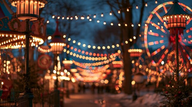 Festive Christmas park scene with lights, attractions, and winter colors during evening hours Generative AI