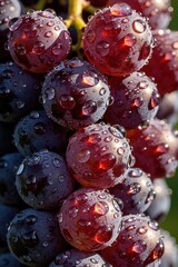 Fototapeta premium Macro view of fresh purple grapes covered in water drops. Juicy ripe fruit bunches hang on vine during autumn harvest season. Natural organic vineyard crops show dew, moisture for wine making process