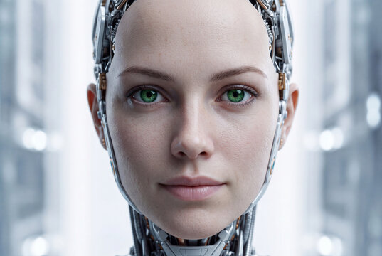 Futuristic AI human robotic figure with woman's face
