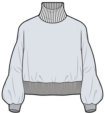 Turtleneck Bishop Sleeve Crop Pullover Sweater Illustration, Vector, CAD, Technical Drawing, Flat Drawing, Template, Mockup.