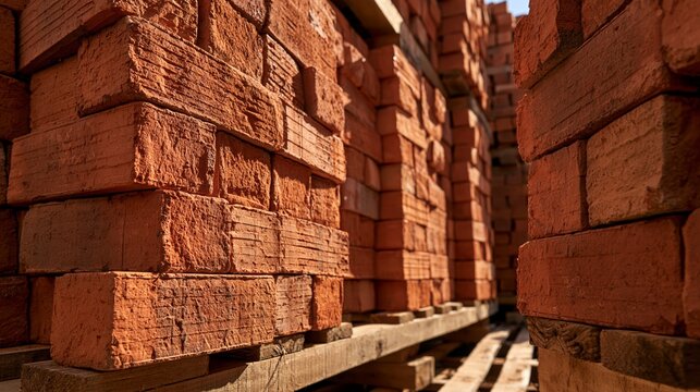 Low angle view of a tall stack of red bricks secured on a wooden pallet under sunlight Generative AI