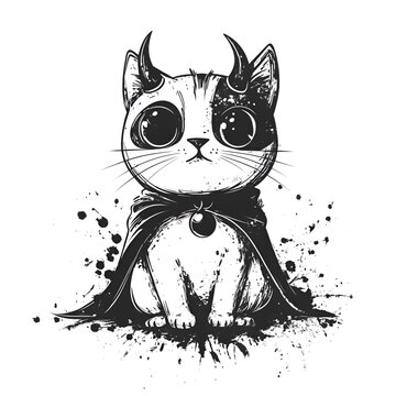 Cute cartoon devil cat with horns and cape in black and white ink style