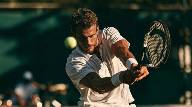 Male tennis player swings racket to hit ball during outdoor match on court in bright light Generative AI