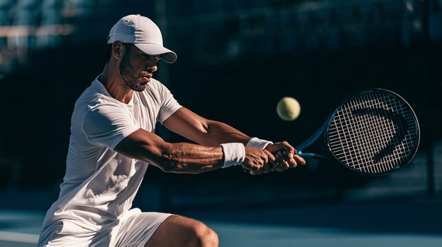Male tennis player swings racket to hit ball during outdoor match Generative AI