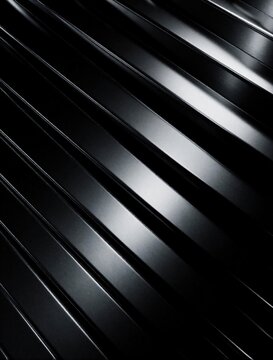 Abstract 3D render of dark metallic parallel lines. Shiny chrome stripes with silver reflections create modern geometric pattern. Smooth steel surface shows futuristic tech texture with deep shadows,