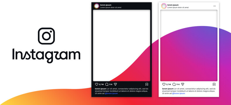 Instagram feed post template set vector. Isolated Instagram posts light and dark mode on gradient background. Black and white post frame interface, editable content illustration. Vector illustration.