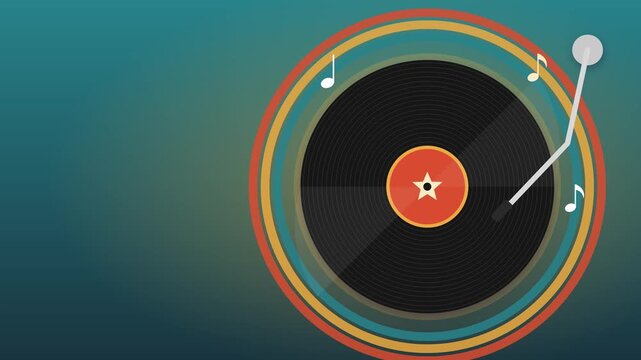 Vinyl record spinning on colorful retro turntable with floating musical notes in motion video clip