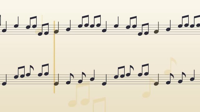 Musical notes scroll steadily across horizontal staff lines while a glowing tempo vertical cursor tracks rhythm effortlessly video motion