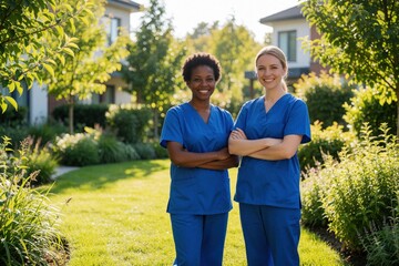 Obraz na płótnie Canvas Two smiling female nurses in blue scrubs stand outside retirement home. Pro medical team with crossed arms poses in green garden. Diverse caregivers work in assisted living facility providing senior