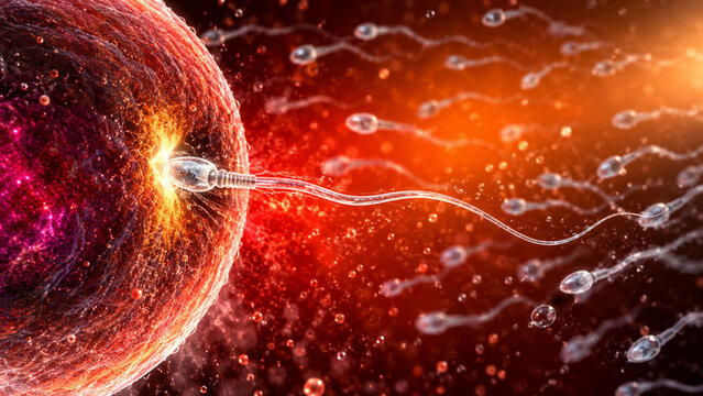 Sperm cell penetrating egg for human fertilization process with human biology