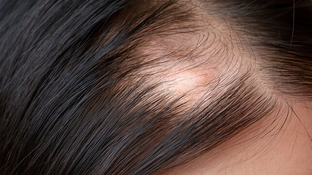 Bald patch is visible on the scalp caused by alopecia areata in a closeup view of the head Generative AI