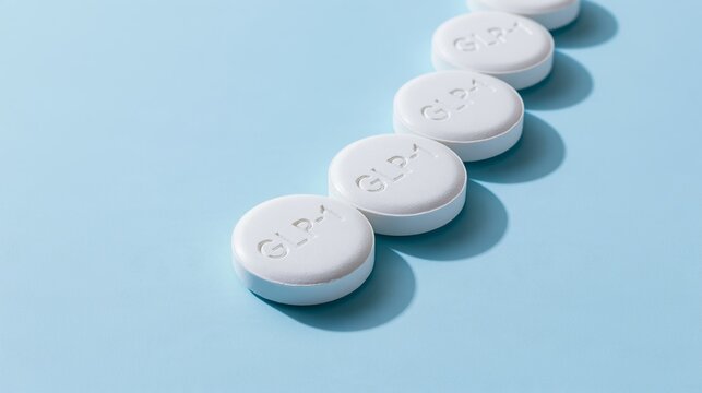 White round pills with GLP-1 embossed arranged on light blue background showing health and medication focus Generative AI