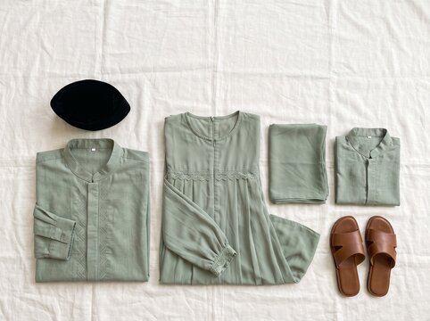 Matching sage green family Eid outfits flat lay on white background
